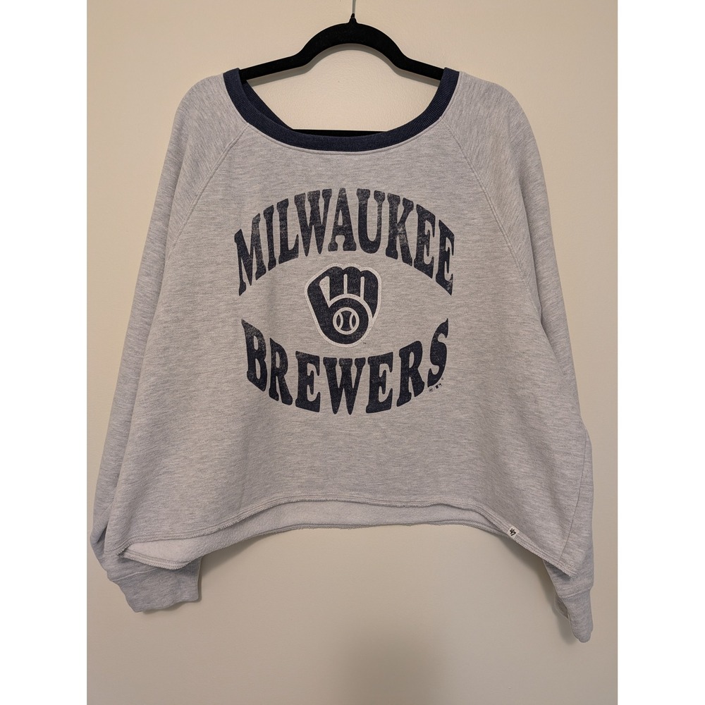 47 Brand Milwaukee Brewers Cropped Crewneck Sweatshirt Womens 2XL Grey Heather